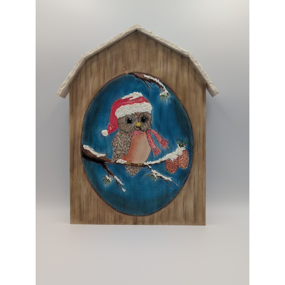 Hand Painted Owl On Wood Folk Art Wall Hanging House Shaped Snow on Roof 13"
